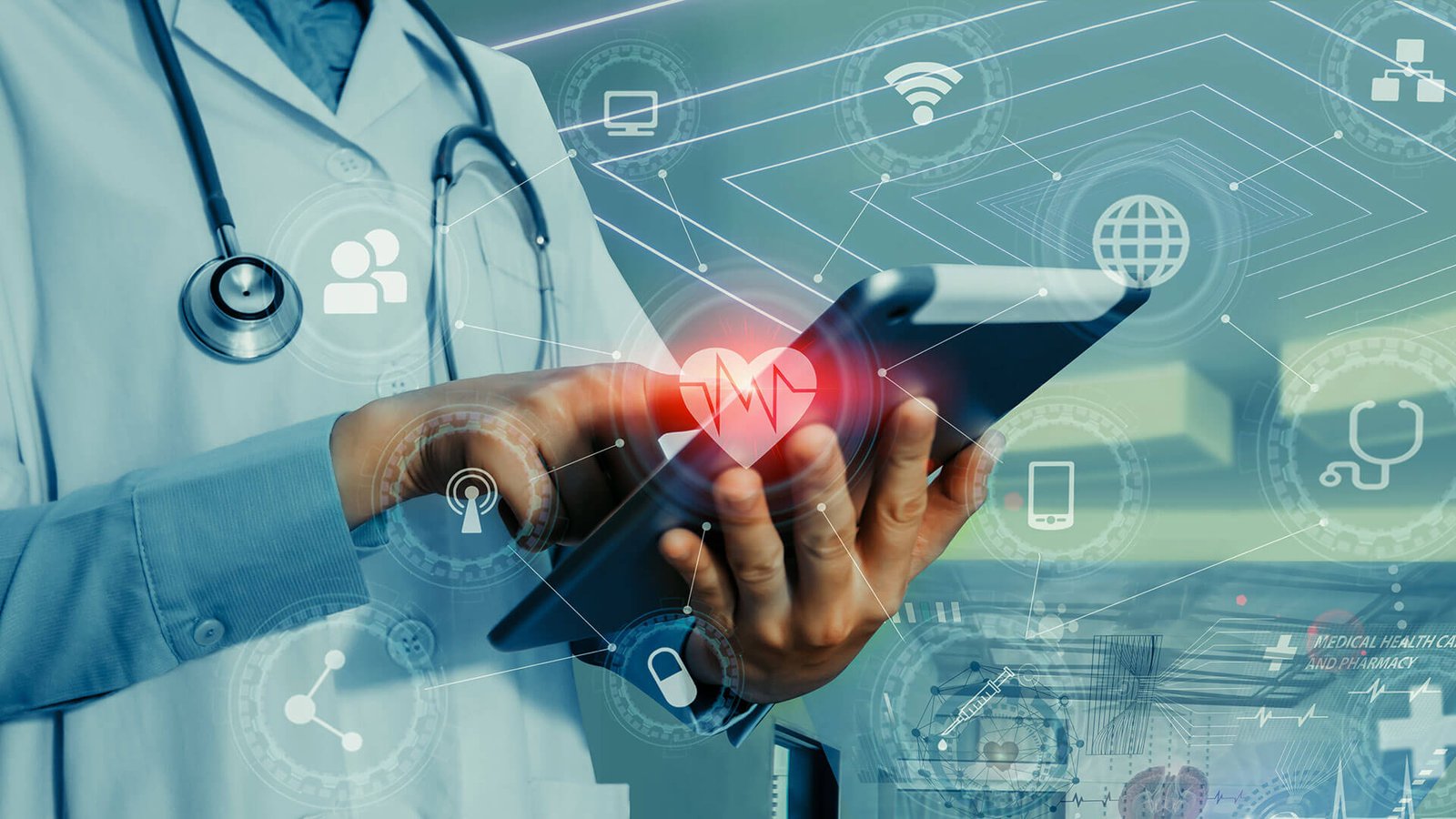 physician holding a tablet while an augment reality graphic of healthcare related logos hover over their finger taping the screen