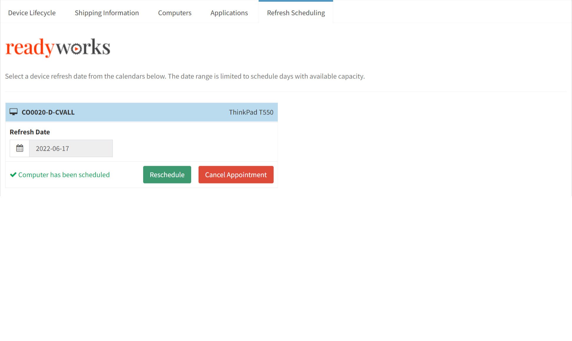 ReadyWorks-self-service-portal-refresh-scheduling-screen