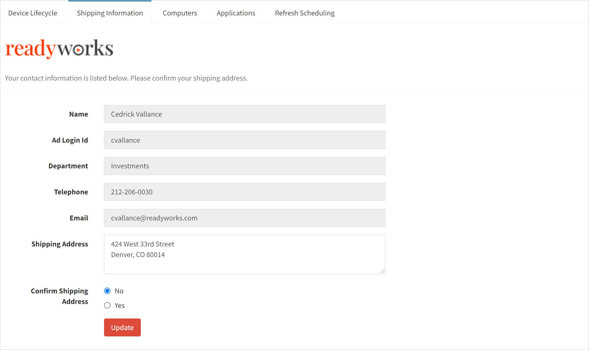 ReadyWorks-self-service-portal-shipping-information-confirmation-screen-1